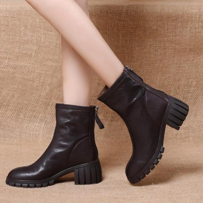 

RUSHIMAN new arrivals boots women Genuine Leather chunky heel Round toe high heels ankle boots zipper ladies autumn/winter short1, Black