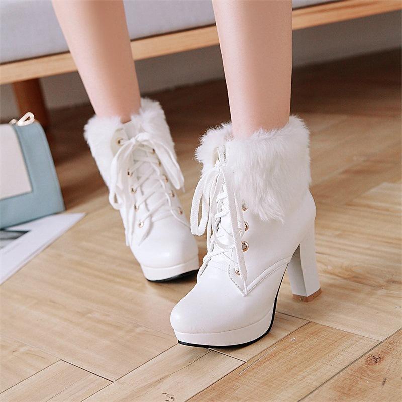 

White Fur Platform boots Women's Warm Wool Boots Shoe For Ladies Sexy Sweet Round Toe Lace Up High Block Heel Snow