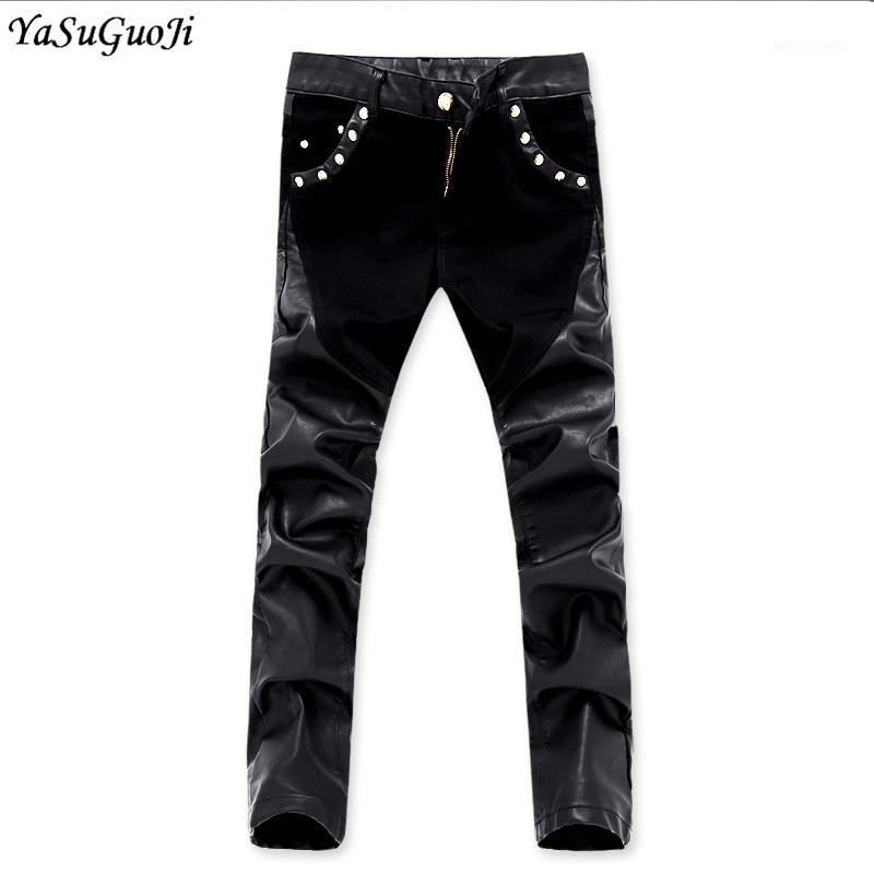 

New 2020 punk style fashion zipper design slim fit pu leather patchwork pants men streetwear hip hop skinny jeans men PK6-111, Black 6812