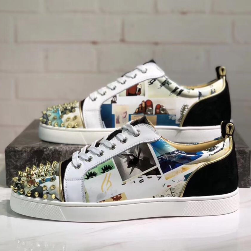 

Top Quality Luxury Glitter Leather Fashion Red Bottom Spikes Sneakers For Men Women Casual Walking Designer Walking Shoes Size 35-47