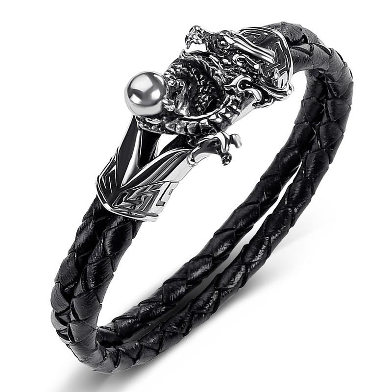 

Men's Fashion Punk Style Bracelet Leather Braided Rope Double Loop Dragon Claw Bead Titanium Steel Men's Jewelry Bangles