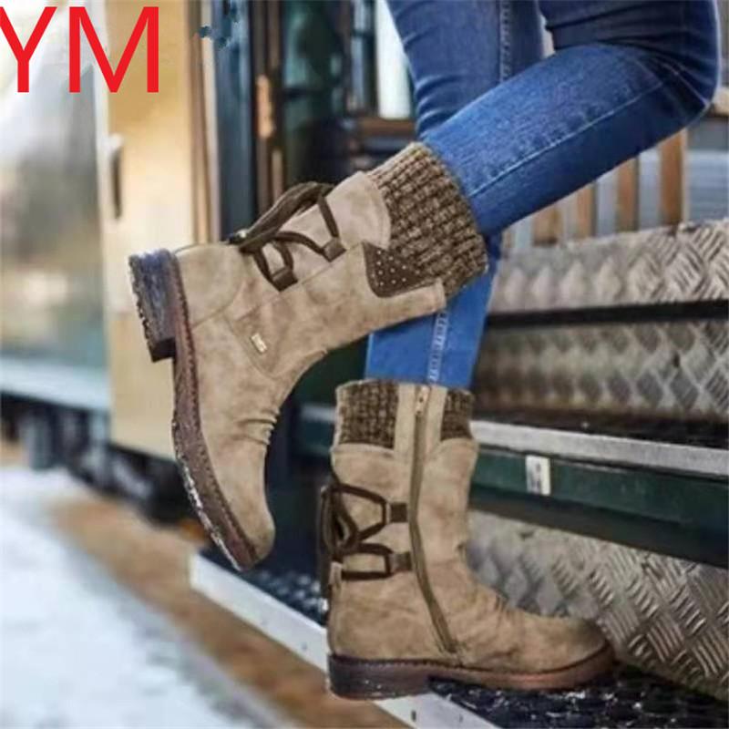 

2020 Fashion Women Winter Mid-Calf Boots Flock Winter Shoes Womens Platform Heels Snow Boots Shoes Thigh High Suede Botas 35-43, Black