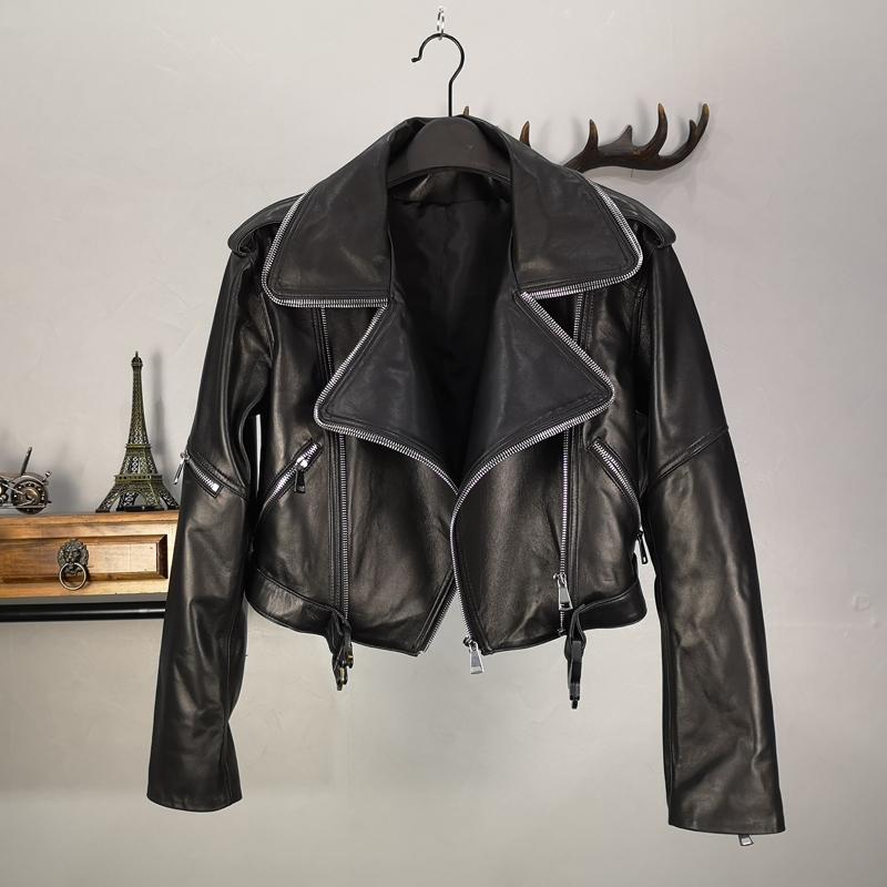

New Genuine Leather Jacket Short Coat Women Real Sheepskin Punk Gothic Motorcycle Biker Streetwear Black Brown Jacket Outerwear, Beige