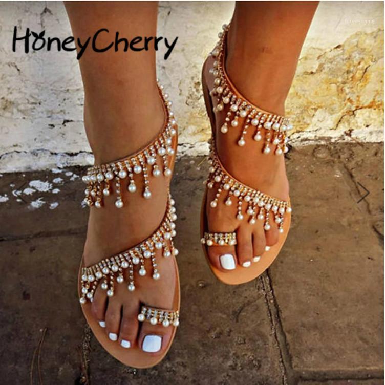 

Sandals Women New Large Size Handmade Beaded Toe Flat-soled Women's Sandals For Summer In Europe And America Size35-421, Pearl big