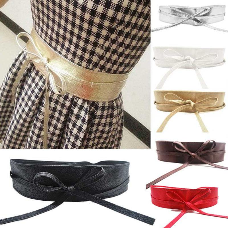 

Female Women Girl Belt Soft Leather Wide Self Tie Wrap Around Waist Band Dress Belt, Beige