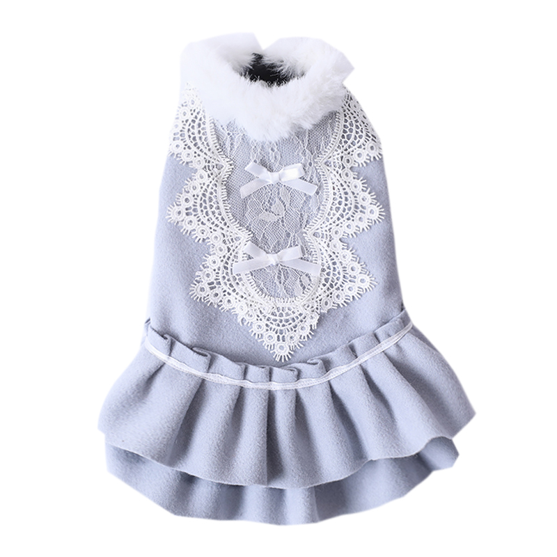 

Free Shipping Handmade Dog Clothes Blue Grey Woolen Coat Dress Fur Collar Lining Quilted Winter Pet Outfit Maltese Yorkie Poodle, Gray