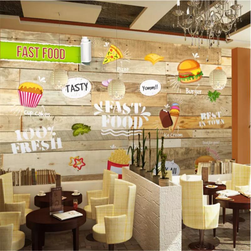 

3D Gourmet Fast Restaurant Snack Bar Wooden Wall Background Photo Wallpapers Snack Bar Industrial Decor Mural Wall Paper 3D, Embossment paper