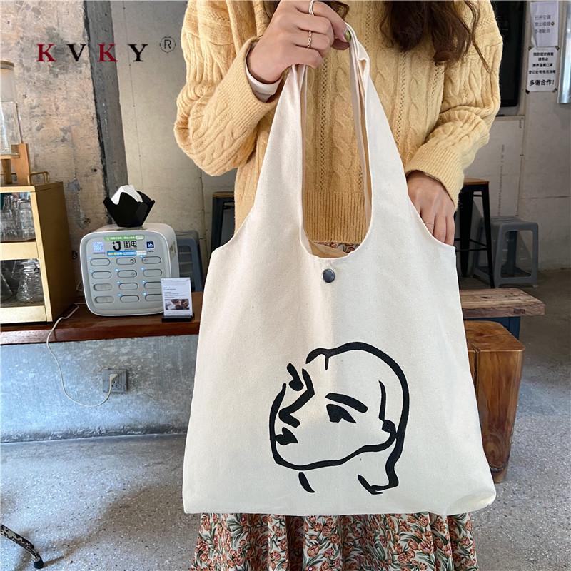 

2021 Women Canvas Shoulder Bag Cartoon Character Image Print Cotton Cloth Designe Retro Handbag Shopping Tote Environmental Bags, Beige