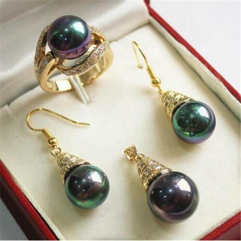 

Earrings & Necklace Jewelry 12mm Green Stone/Shell Pendant Ring Set, Silver