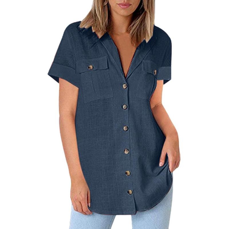

2021 Women' Fashion Button Shirts Pocket Short Sleeve Blouses Tunics Loose Tops Koszulki Damskie Z Dlugim Rekawkiem BD, Black