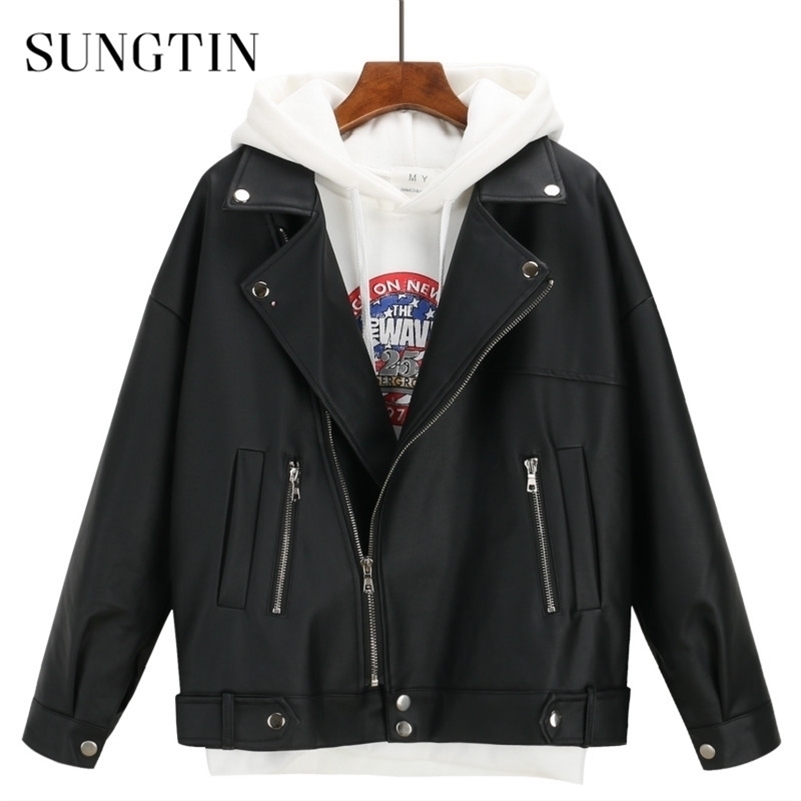 

Sungtin Soft Loose Faux Leather Jacket Women Black Biker Motorcycle Coat Autumn Winter PU Short Streetwear Punk Boyfriend Style 201223