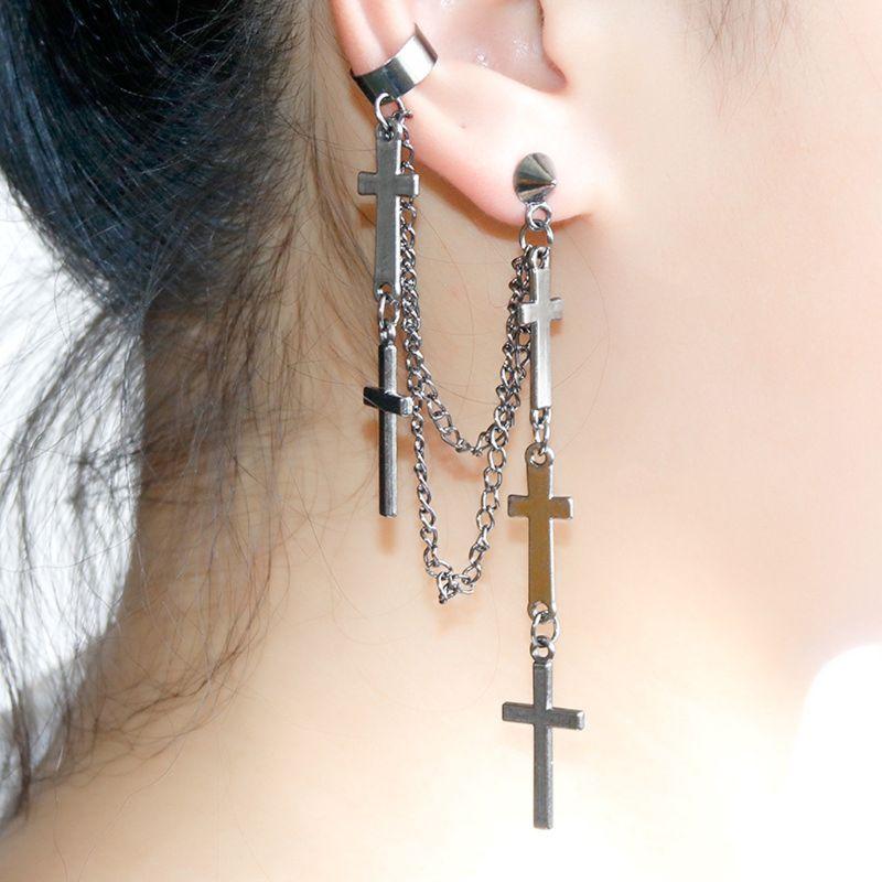 

Gothic Punk Cross Long Tassel Double Chains Ear Cuff Earrings Fashion Jewelry