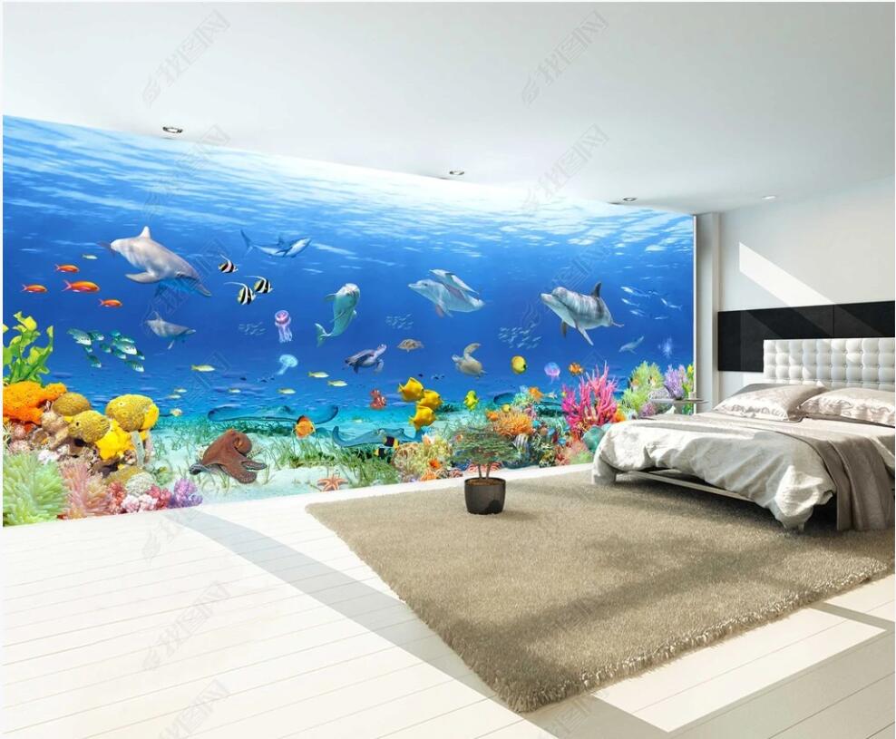 

custom photo mural 3d blue wallpaper on the wall underwater world dolphin coral fish home decor living room 3D wall murals wallpapers for walls in rolls, Non-woven wallpaper
