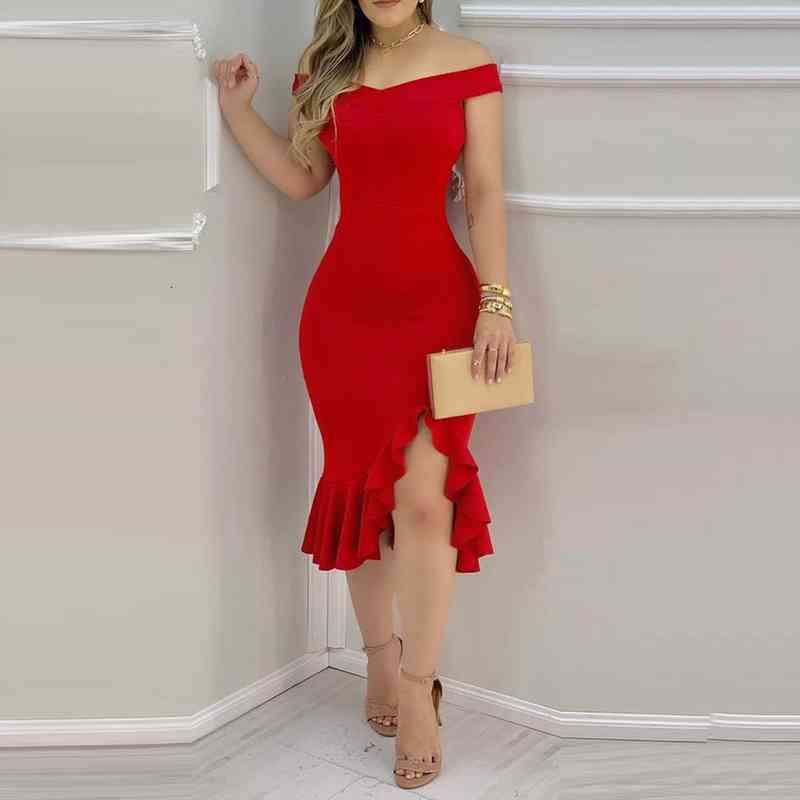 

Ruffle Dresses Women Sexy Cold Shoulder Bodycon Dress Plain Loose Hem Slit Dress Casual Red Party Dresses Vestidos De Fiesta, Black;gray