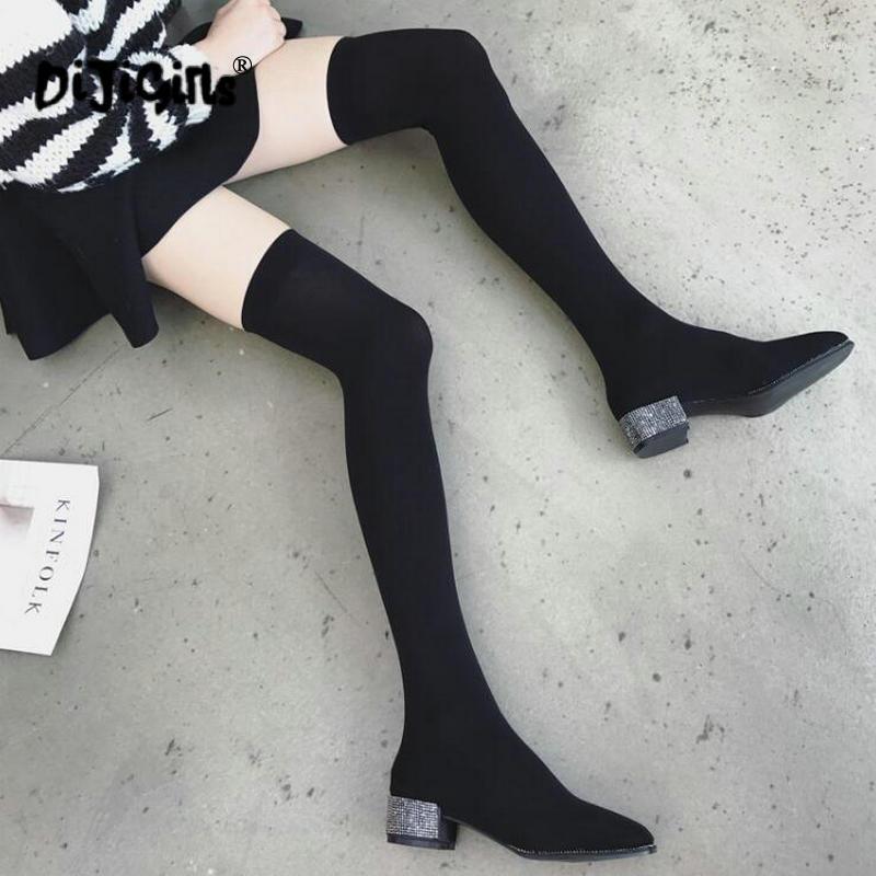 

Women's Sock Boots Spring And Autumn New Shoes Stretch Thick Rhinestones Slim Sexy With High Over The Knee Boots1, Black