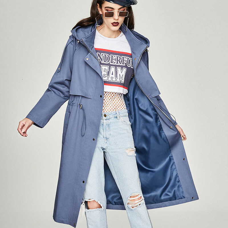 

2021 New Classic Autumn Thin Zipper with Female Hoodie Long Trench Cotton Chic Jacket Streetwear Coat Svzu, Khaki.