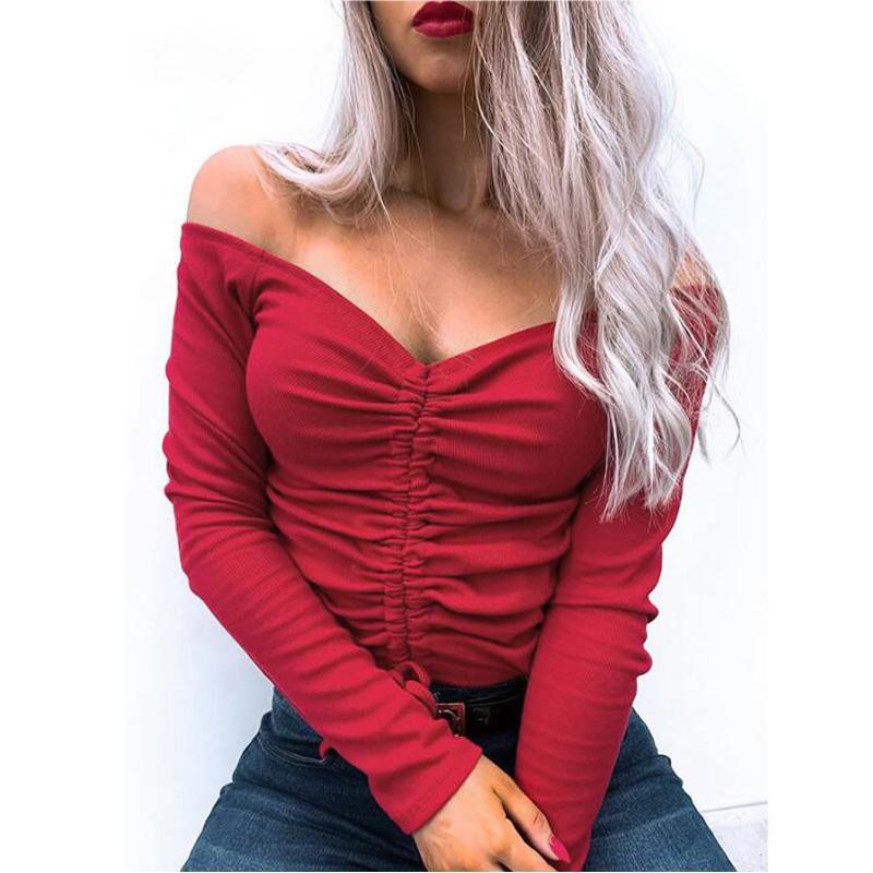 

Autumn Women' Clothing Fashion Elegant Female Blouse Off Shoulder Drawstring Short Tops Long Sleeve Lady Shirt Casual Blouses, Red