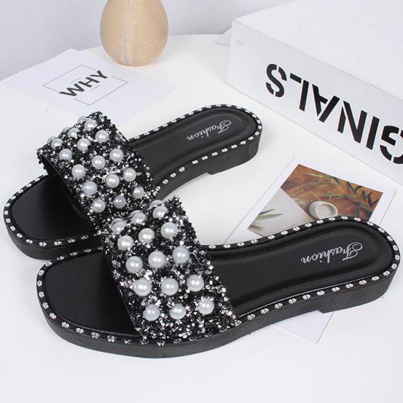

Sequins Women Summer Slippers Flat Sandals Comfortable Woman Shoes Indoor Home Female Beach Shoes Pearl Non-slip Flip Flops New1, Black