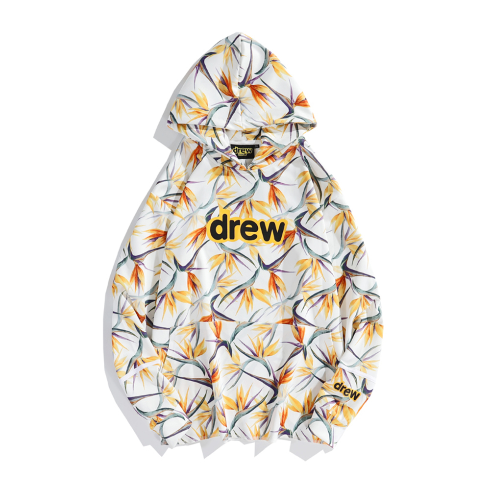 

Drew smiling face flower autumn European American hooded men's and women's sweater, Beige