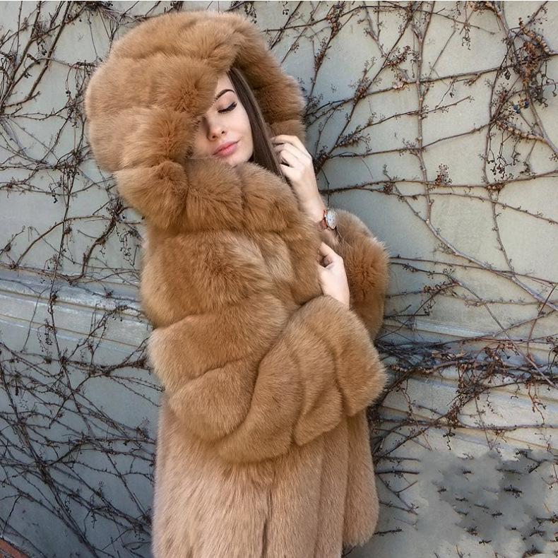 

Fur Hot Sale Fur Imitation Coat Women' Hooded Splicing Medium Long Coat