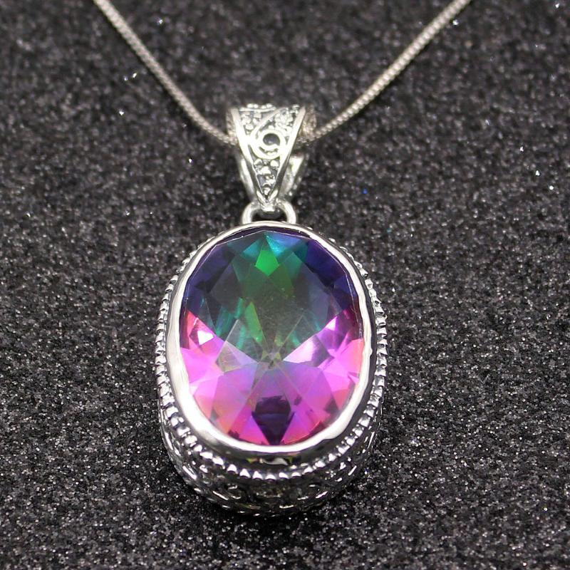 

Solitaire Oval Shape Fire Mystic Topaz925 Sterling Silver Color Charms Pendant Chain Necklace 20 Inch