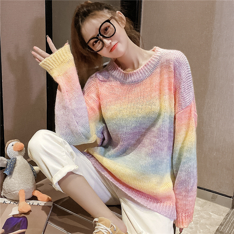 

2021 New Knitted Jumper Autumn Winter Tops Raiow Stripes Pullovers Casual Sweaters Women Shirt Long Sleeve Sweater Girls A321 1n6r, Rainbow colors