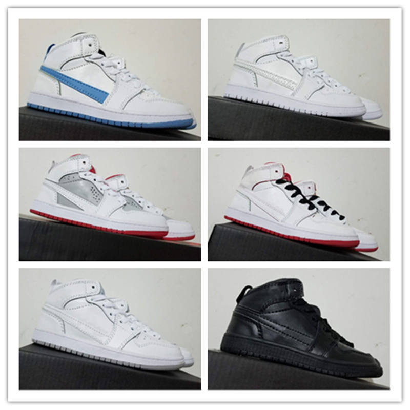 

Children pure white casual running shoes size 28-35 MID AJS 1 basketball shoes white black Walking shoes Boy girl