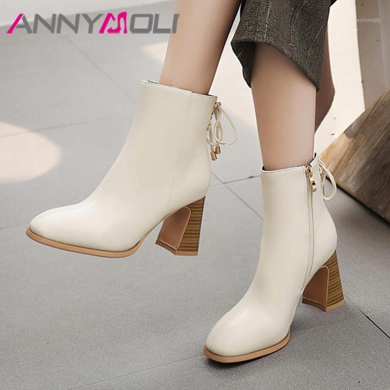 

ANNYMOLI High Heel Ankle Boots Square Toe Woman Boots Bow Chunky Heel Short Zip Ladies Shoes Autumn Winter Beige Size 461, Beige velvet lining