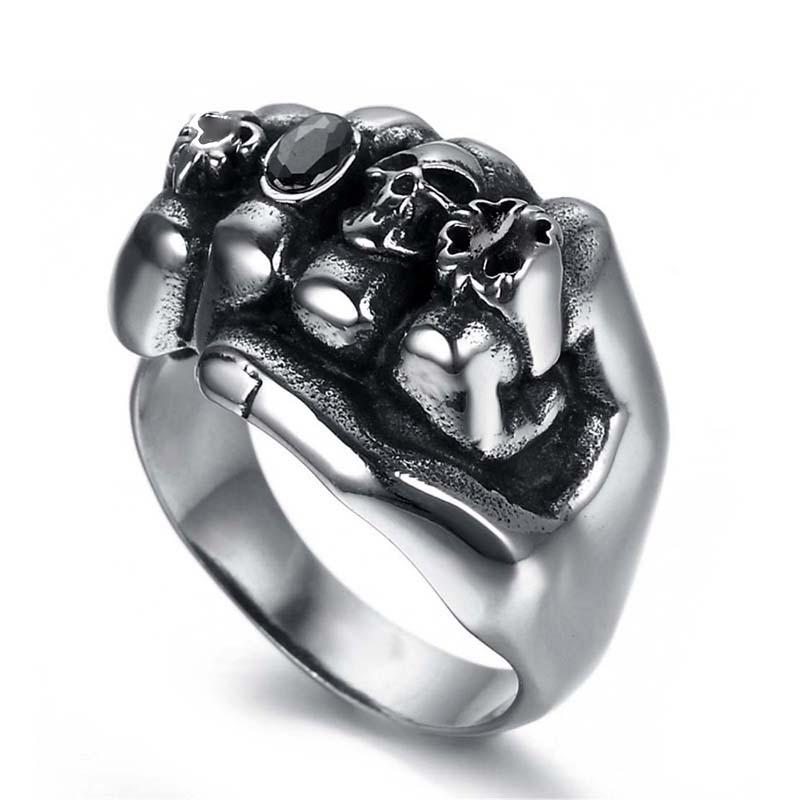 

ADOMANER Retro Stainless Steel Biker Men Rings Gothic Black Rhinestone Skull Death Fist Skull Ring Drop Ship wholesale