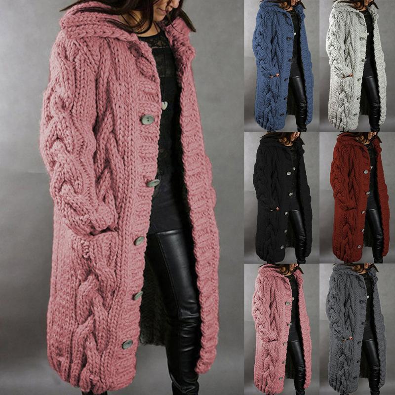 

2021 Fashion Women Sweaters Winter Hooded Long Cardigans Casual Loose Sweater Female Autumn Single Breasted Puff Coat Plus Size, Blue
