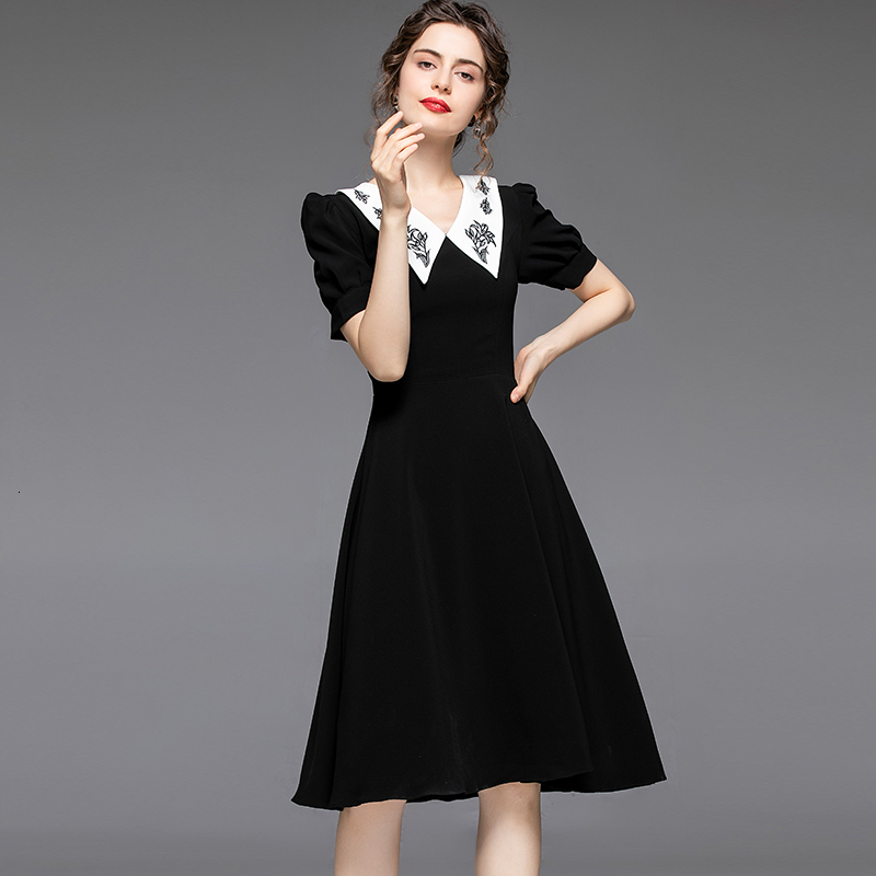 

2021 New Merchall Luxury Runway Summer Embroidery Flower Black Women' Fashion Short Sleeve Midi Party Es B8vo