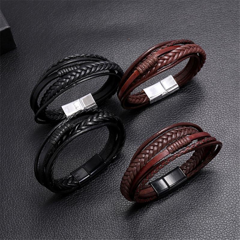 

Charm Bracelets Retro Hand Woven Men's Leather Bracelet Simple Multilayer Alloy Magnet Buckle Imitation B282