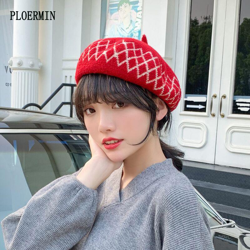 

Berets Fashion Wool Beret Women High Quality Thicken Painters Cap Ladies Knitted Painter Hat Vintage Autumn Winter French Artist, Red