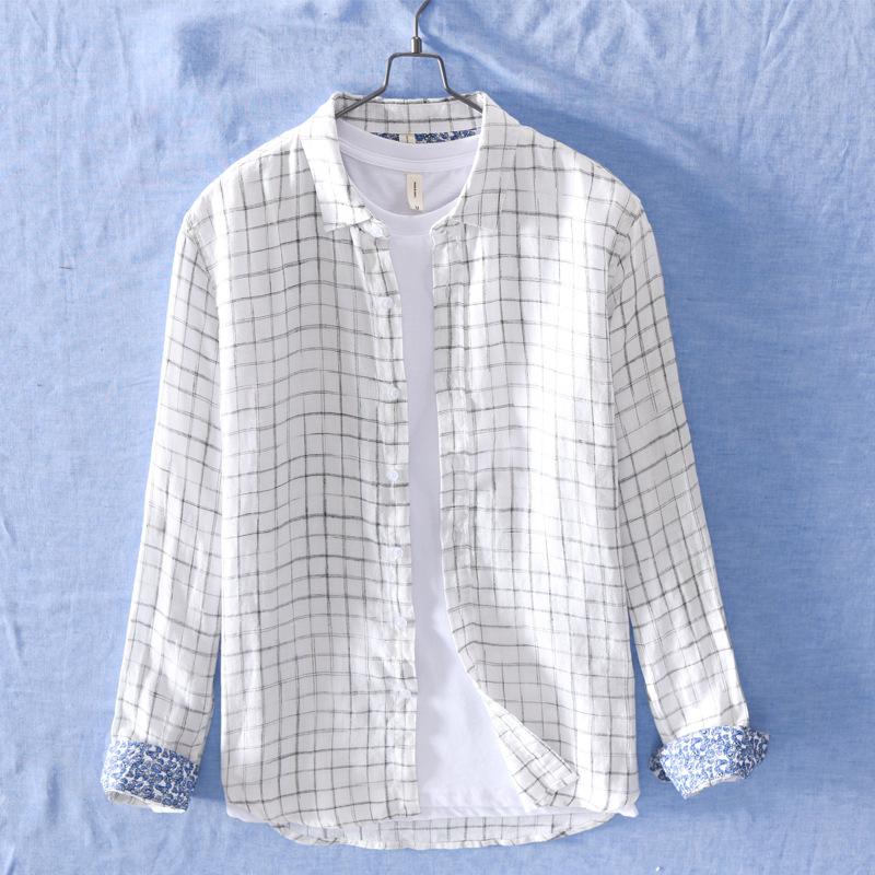 

HO new 2020 Linen men casual shirt Fashionable and comfortable plaid shirt, Blue
