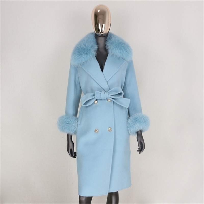 

BLUENESSFAIR Cashmere Wool Blends Real Fur Coat Double Breasted Winter Jacket Women Big Natural Fox Fur Collar Outerwear 201221, Beige small fur