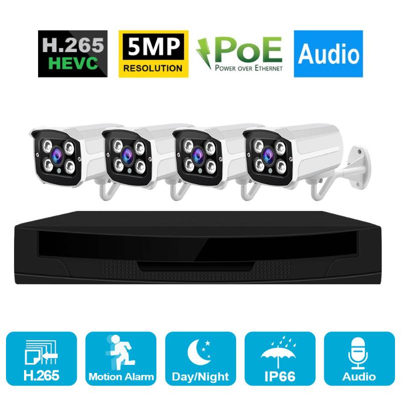 

H.265 4CH 5MP POE CCTV Security System Kit Outdoor 1080P Waterproof NVR P2P IP Cam HDD Onvif Audio Video Surveillance Camera