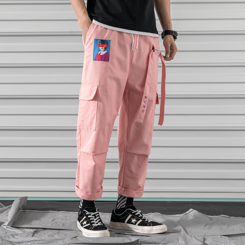 

Cargo Harem Pink Pants Mens Casual Joggers Baggy RIbbon Tactical Trousers Harajuku Streetwear Hip Hop Pants Men 201126, Black