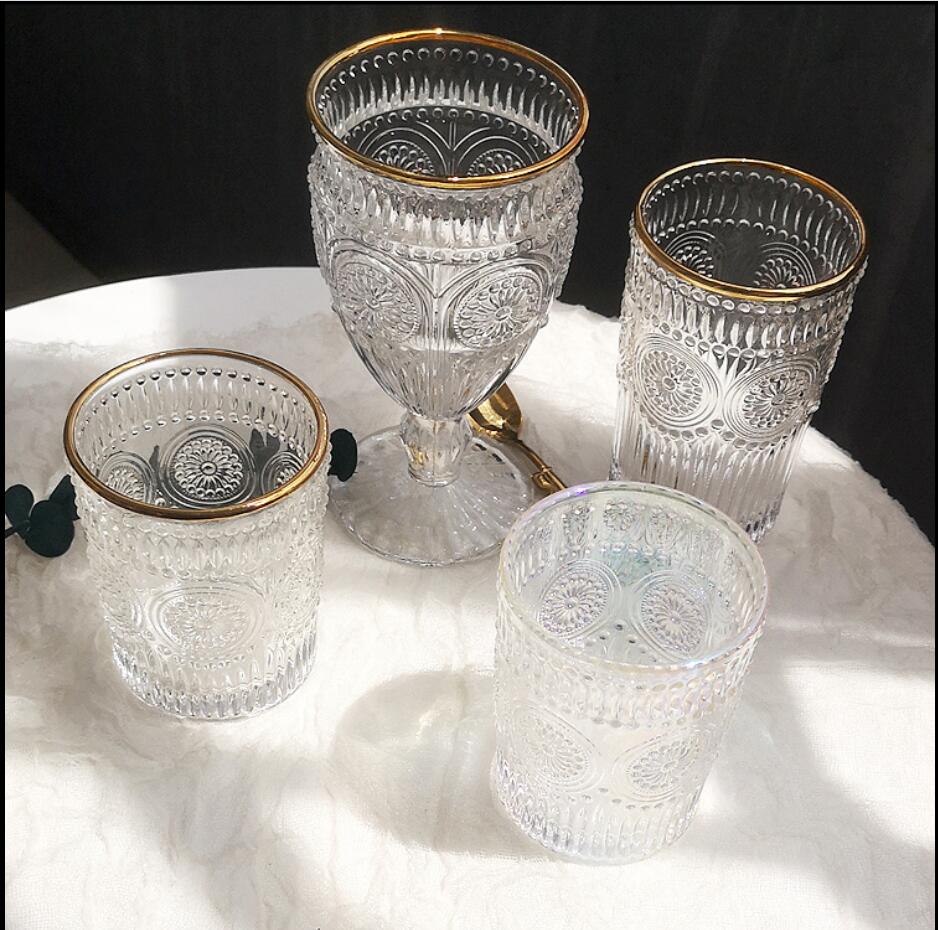 Enchase glass Tumblers Retro Description of gold round sunflower water cup cold drink milk tea shop juice cups-image-631685219