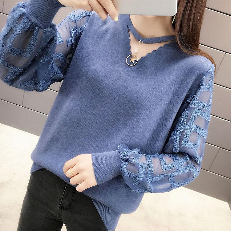 

Autumn Spring Lace Sweaters Women Casual Vintage Spliced Lantern Sleeve V-Neck Collar Solid Color Tops Female Wild, Black