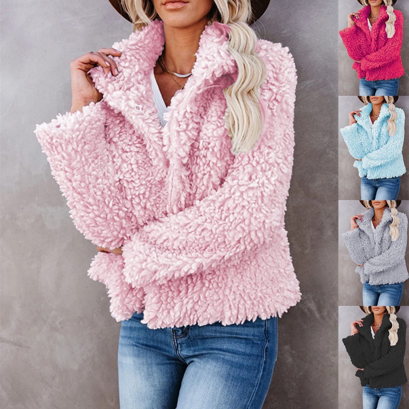 

2022 Women's Autumn and Winter New Plush Cardigan Short Jacket Lamb Wool Coat, Black;brown