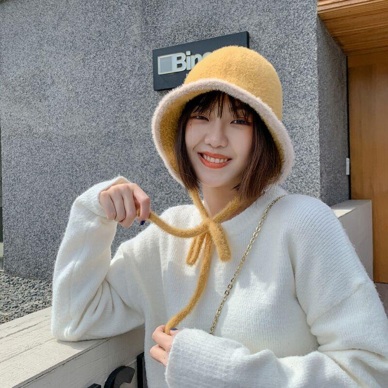 

New Autumn Winter Thicken Warm Ear Protection Fisherman Hat Female Solid Imitation Fur Velvet Thicken Warm KniBucket Hat, Yellow