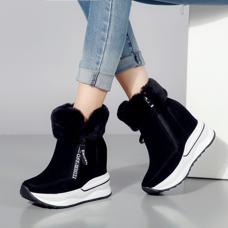 

Female Fashion Zip Winter Snow Boots Ladies Warm Fur Suede Wedge Ankle Boot Women High heels boots Winter women's shoes, Black