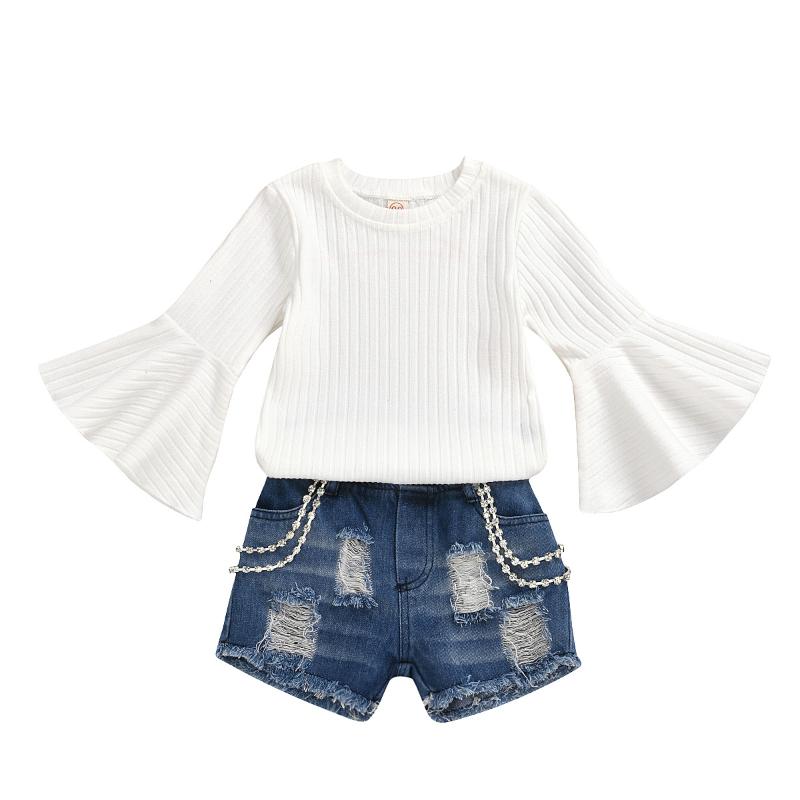

Spring Girl Set White Flare Sleeve T-shirt + Jeans Shorts Suits for Kids Children Clothes, 1742
