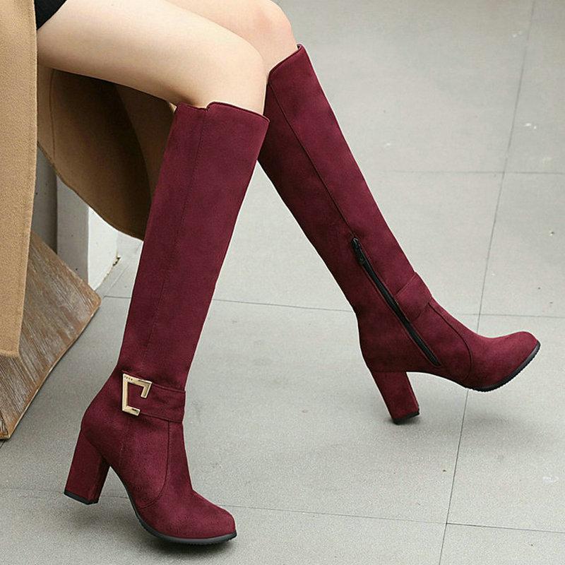 

2021 New Faux Suede Women Knee High Boots Fashion Buckle Women Square Heel Boots Autumn Winter Ladies Shoes Black Blue Wine Red