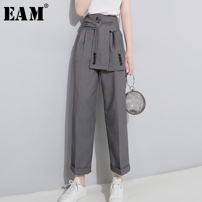 

[EAM] Spring High Waist Lace Up Black Slim Temperament Tide Trend Fashion New Women's Wild Casual Wide Leg Pants LA462 201102, Dark grey