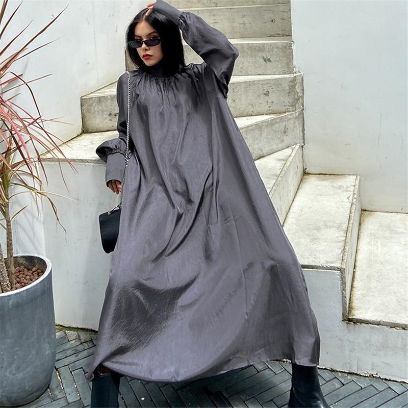 

2021 New Harajuku Female Spring Plus Size Dress Textured Long Sleeves Loose Collar the Line Dressed Gohtic Style A1UJ, Black