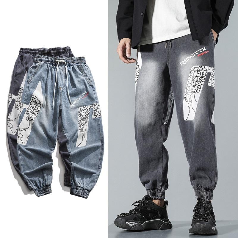 

Japanese Style Casual Retro Harem Jeans For Men Print Hip Hop Beam Foot Pants Autumn Trousers, Black