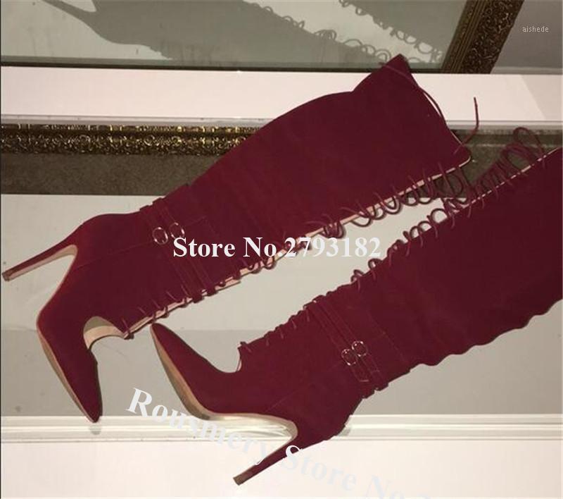 

Women Fashion Pointed Toe Stiletto Heel Knee High Gladiator Boots Lace-up Cut-out Wine Red Long High Heel Boots Dress Heels1, As pic