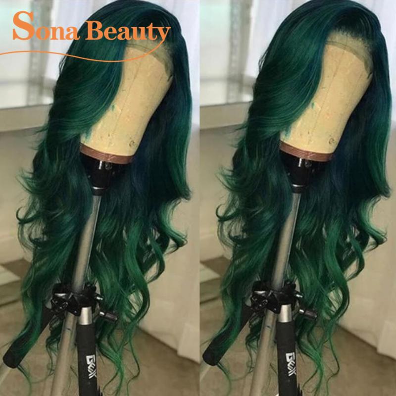 

13X4 Ombre 1B Green Lace Front Wig Pre plucked Brazilian Remy Human Hair Wigs with Baby Hair, 1b green straight
