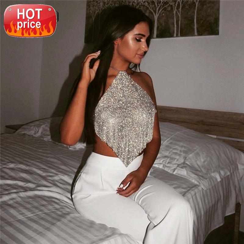 

AKYZO Women Luxury Handmade Rhinestones Camis Backless Metal Chain Nightclub Tops Summer Party Club Gold Diamond Tank Tops #pA6y, White